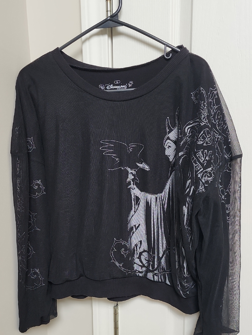 Disney Paris Black Maleficent Mesh-Overlay Long Sleeve Top Large